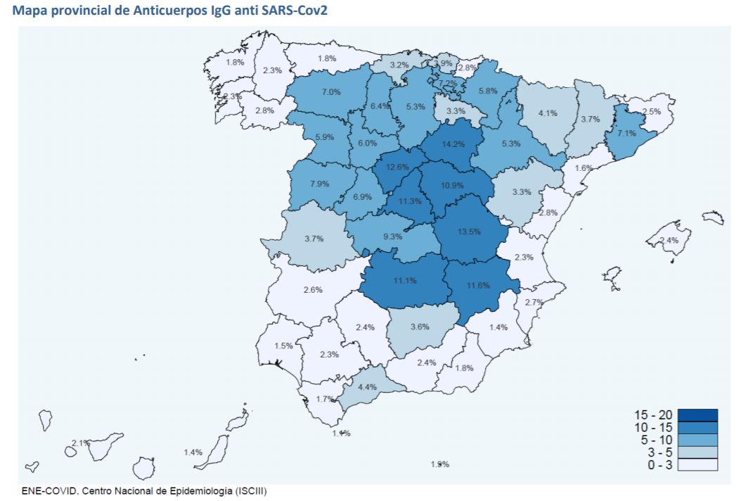 Map of Spanish provinces displaying prevalence of Covid-19 antibodies according to first phase of Spanish ministry of health study